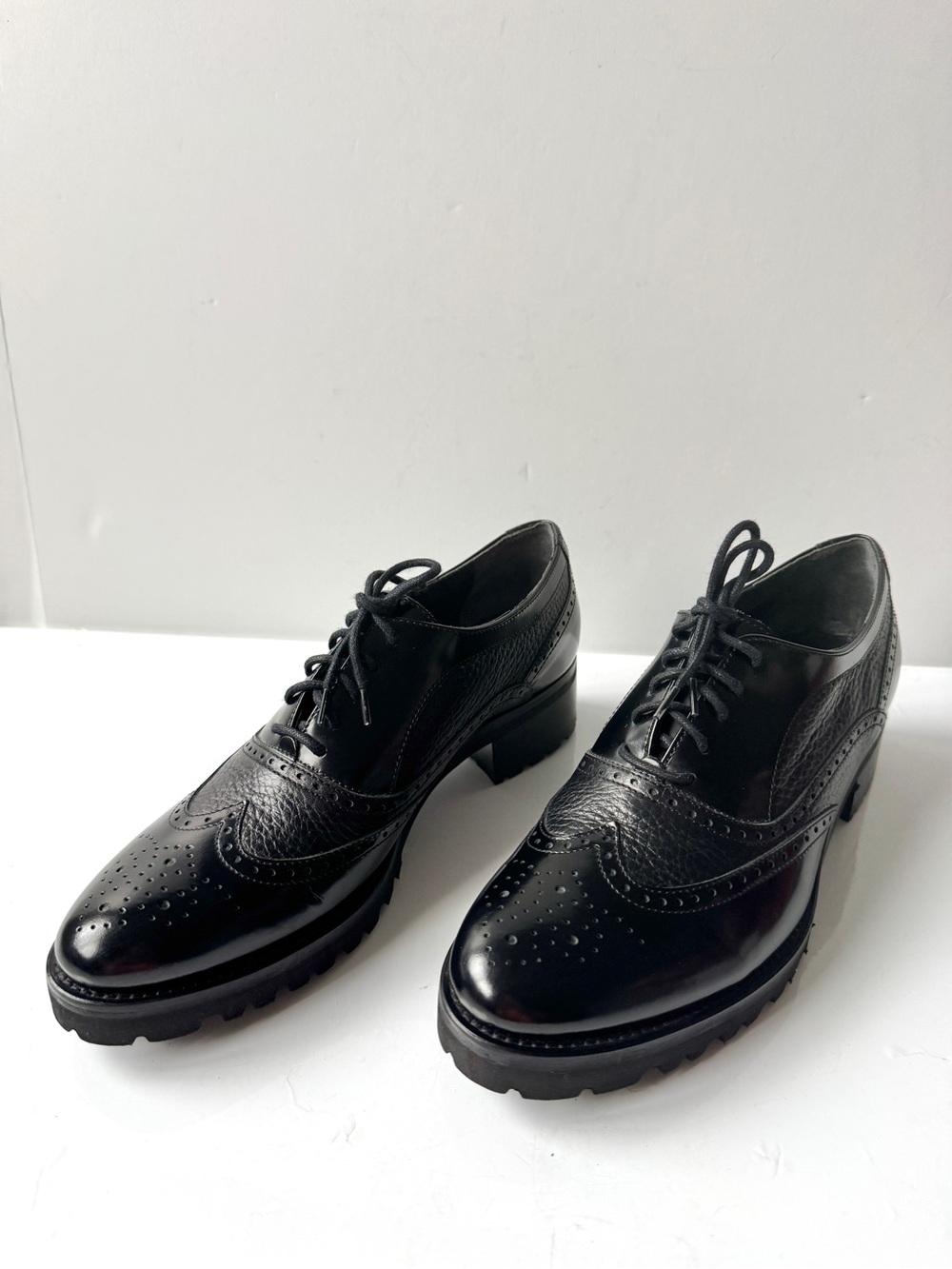 Luca Grossi Italy Black Leather Brogue Wingtip Lace up Stacked Heel Oxfords 38